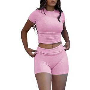 ZFLM Casual Workout Two Piece Outfits for Women Short Sleeve Crop High Waist Foldover Shorts Tracksuit Sets Streetwear (Small)