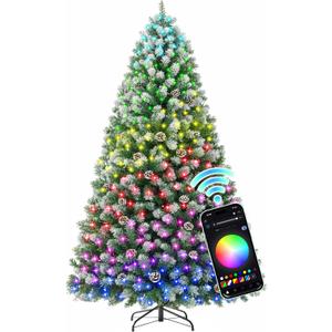 HOLLO STAR 7.5 ft Prelit Christmas Tree with 379 LED Lights, App Control, Artificial Christmas Tree, Multi-Color RGBW Lights, 1476 Flocked Frosted Tips, 86 Pine Cones, Metal Base, for Home, Party