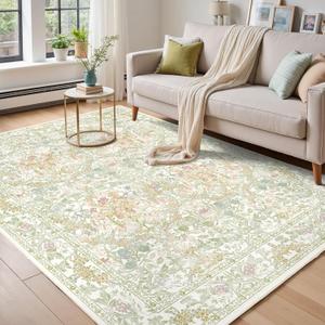 Washable Sage Green Living Room Area Rug 6x9, Boho Botanical Area Rug for Bedroom, Kitchen Table, Nursery, Home Office - Low Pile Non-Slip Vintage Carpet - Soft Farmhouse Accent Mat