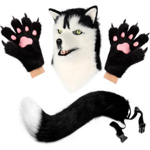 Animal Dog Head Mask Novelty Plush Tail Claw Paw Mittens Gloves Set Halloween Party Masquerade Costume Cosplay (Husky)