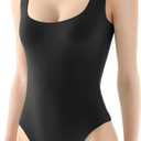 PUMIEY Women's Square Neck Cap Sleeve Bodysuit Sexy Slimming Tank Top Smoke Cloud Collection (Medium, 01 Jet Black)