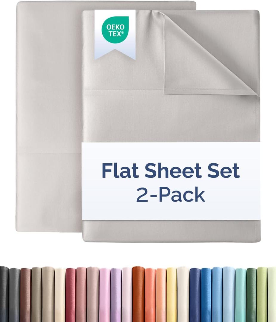 Queen Size Flat Sheet - Pack of 2 Top Flat Bed Sheet Only - Soft, Comfy, Breathable & Cooling - Hotel Quality, Fade & Wrinkle Free - Easy-Care, Stain & Shrink Resistant Bedding - Oeko-Tex - Light Grey