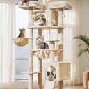 Taoqimiao Tall Cat Tree, 76In XL Cat Tower for Large Cats, 3 Padded Perches | Oversized Metal Hammock, 2 Big Condos, 1-Piece Ramp Scratcher, 7 Natural Sisal Posts, Hanging Basket, Beige, MS047M