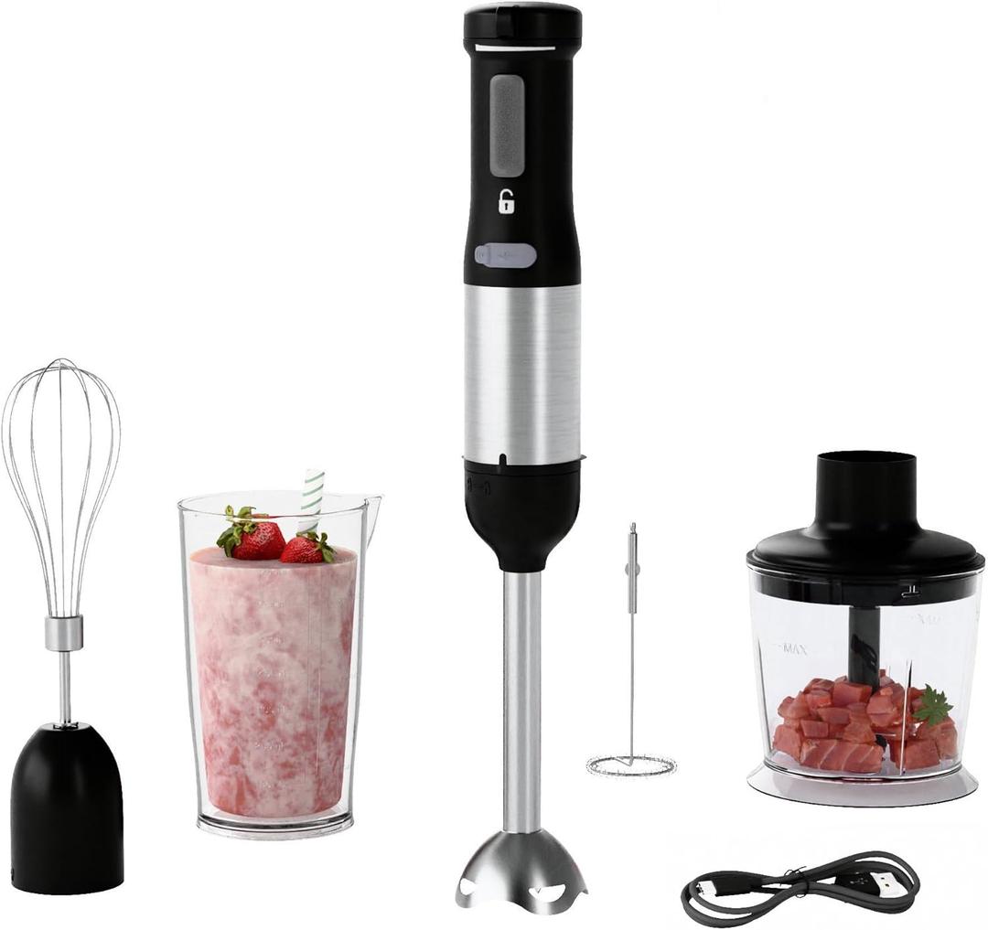 WHUTO Cordless Immersion Hand Blender, 5-in-1 Variable Speed blender handheld,Rechargeable with 2000mAh Battery, BPA-Free & Dishwasher-Safe Accessories:700ml Beaker,Chopper,Whisk & Milk Frother,Ink