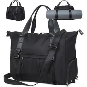 Gym Bag with Yoga Mat Holders, Carry On for Pilates Women & Men with Laptop & Shoe Compartment Large Duffle Travel Weekender Tote with Key Ring Clip Personal Item Workout, Easy to Clean - Black
