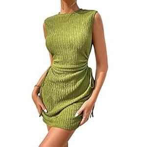 GORGLITTER Women's Cut Out Drawstring Mini Dress Ruched Sleeveless Textured Tank Dresses Green, Large