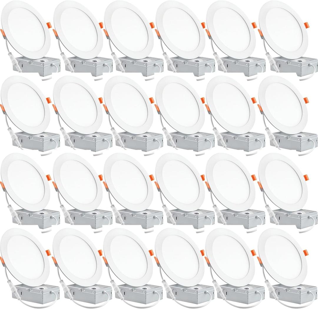 CODAFUL 24 Pack 6 Inch Ultra-Thin LED Recessed Ceiling Light with Junction Box, 6000K Can Lights, 12W 110W Eqv, recessed Lighting 6 inch led Lights, 1050LM High Brightness LED Lights (6 Inch-24Pack)