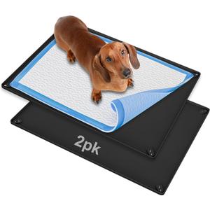 Skywin TidyFriend 2 Pk Pee Pad Holder Tray for 30 x 23 Pee Pads with Corner Lock Holes, Raised Edges, Non-Spill, Easy to Clean Silicone Dog Potty Tray Holder, for Indoor Floor Protection (Black)