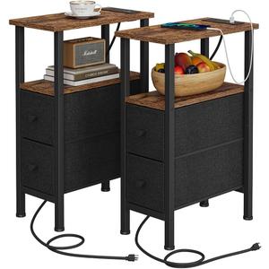 VIMBER 2 Set Narrow Side Table for Small Spaces, Skinny End Table with Charging Station, Sofa Beside Table with 2 Drawers 1 Open Compartment, Slim Nightstand with USB Ports Outlet, Rustic and Brown