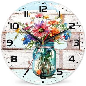 Watercolor Spring Flower Wall Clock, Vintage Wooden Silent Non-Ticking Battery Operated with Arabic Numerals, Decorative for Kitchen, Office, 10 Inch