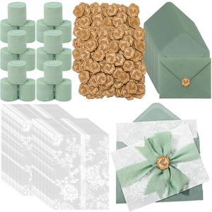 100 Set Wedding Invitation Wrap Set Pre Folded Vellum Jacket for 5x7 Invitations with Sage Green Envelope Gold Wax Seal Stickers Wedding Invitation Accessories Kit for Bridal Invite DIY Craft