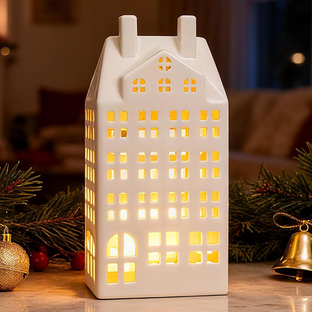 DN DECONATION Light Up Christmas Decor Village Sets, White Ceramic House with Lights, Modern Christmas Town Building Decorations, Winter Porcelain Village Xmas Decor for Tabletop Centerpiece Inside (set of 1)