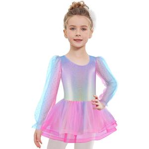Zaclotre Ballet Leotards for Girls Mesh Long Sleeve Toddler Tutu Dress Dance Outfit Ballerina Costume (4-5T, Rainbow)