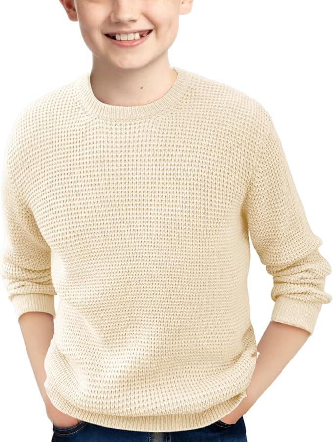 Boys Casual Pullover Sweaters Kids Chunky Crewneck Waffle Knit Jumper Tops
 Khaki Size 150 Warm Sweater