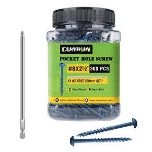 300PCS #8 x 2-1/2" Pocket Hole Screws, Exterior Pocket Screws Blue Coated for Weather-Resistant, Coarse Thread Washer Head, Square Drive & 150MM Bit Included