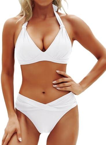 Yonique Women Two Piece Bathing Suits Push Up Bikini Set Halter Swimsuit Vintage Swimwear Large, White 