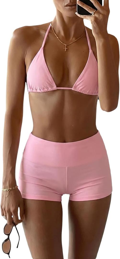MakeMeChic Women's Bikini with Shorts Boyshort Bikini Set Halter Tie Backless Y2K Cute Swimsuits (Pink, M)
