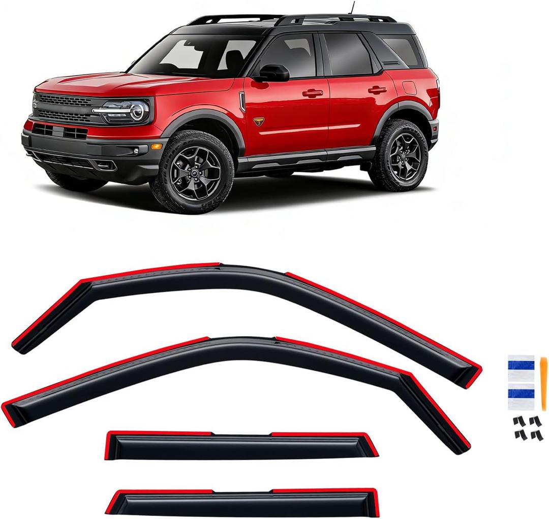 in-Channel Rain Guards for 2021-2026 Ford Bronco Sport, Window Visor Shields Vent Deflector Shade Wind Dark Smoke 2022 2023 2024 2025 21 22 23 24 25 26, Tape-On Outside-Mount, 4PCS