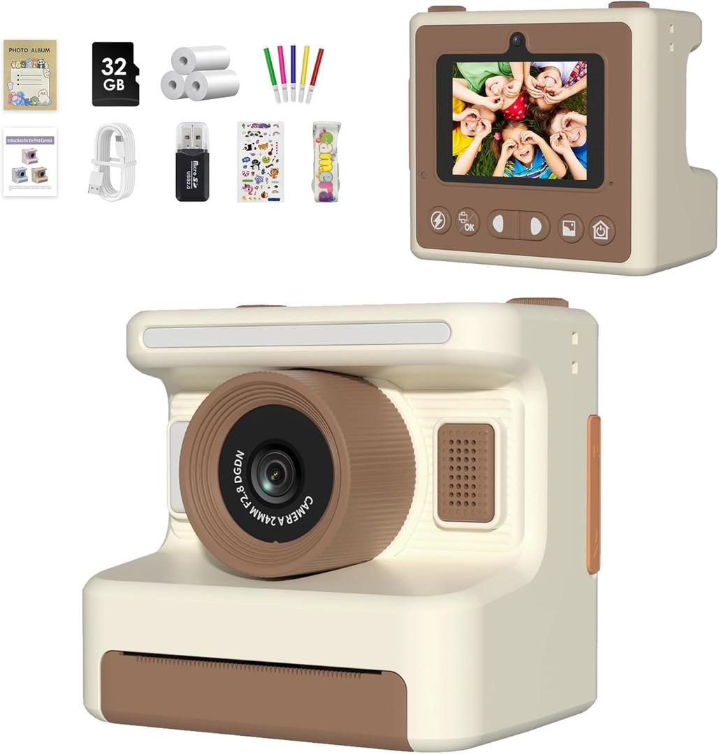 Kids Camera Instant Print, Instant Print Camera for Kids with 32GB SD Card, Toddler Gift for Ages 6-12, Grayscale Printing No Ink Needed Thermal Printer, 48MP FHD Video, 2.4" Screen (Brown)