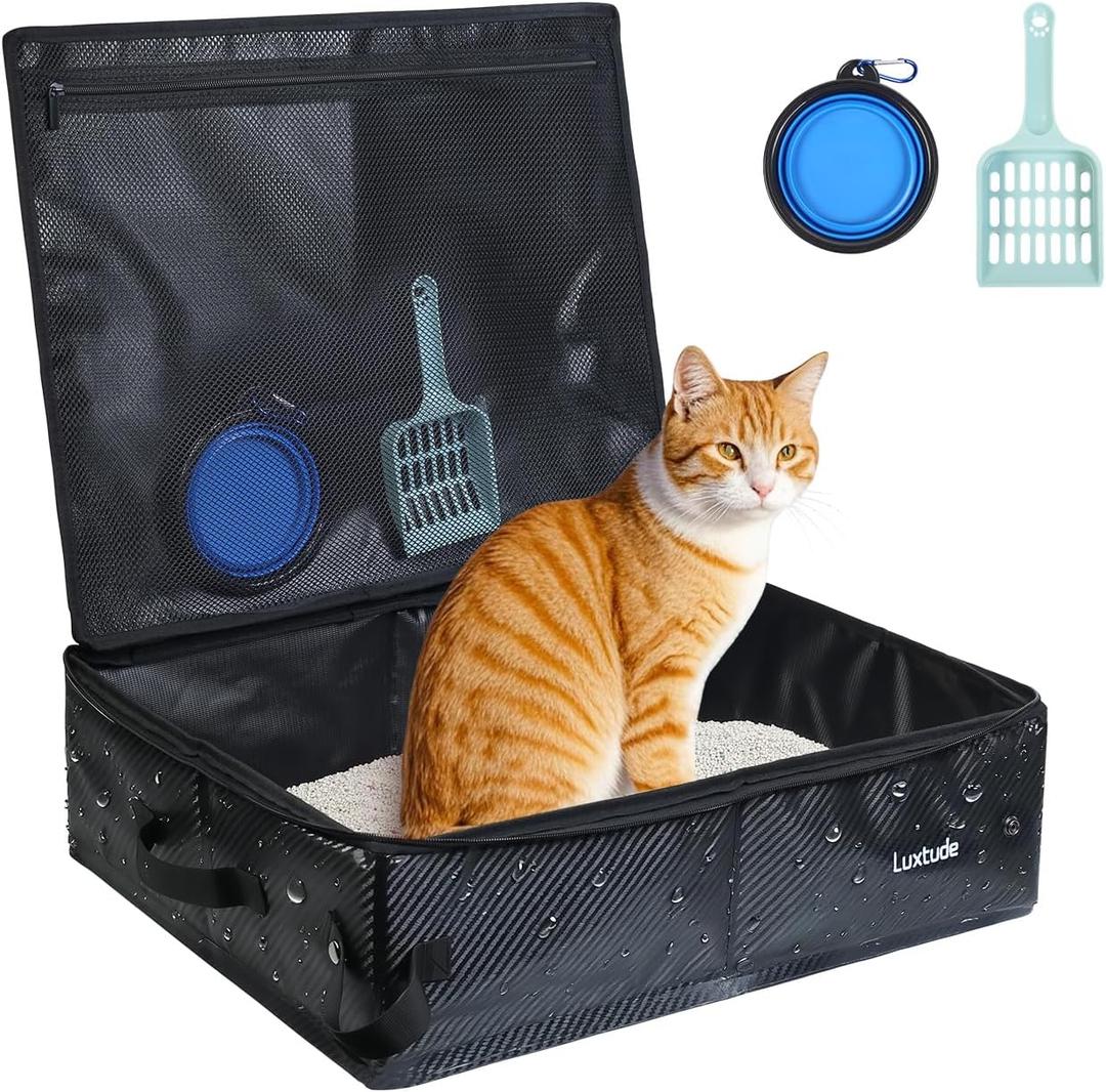 Luxtude Collapsible Travel Litter Box for Cats, Waterproof & Smell-Proof Portable Cat Litter Box with Lid, Sturdy Shape and Hard Bottom for Car, Hotel, and Outdoor Use, Large