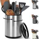 Nigelia Extra Large Kitchen Utensil Holder, 360° Rotating Stainless Steel Cooking Utensil Holder for Countertop, 3 Compartment Flatware Organizer & Cooking Caddy with Removable Base（Silvery）