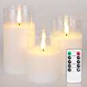 Homemory Clear Glass Flameless Candles, Pure White Wax Battery Operated Candles, LED Pillar Candles with Remote Control and Timers, D3 H4 5" 6", Set of 3