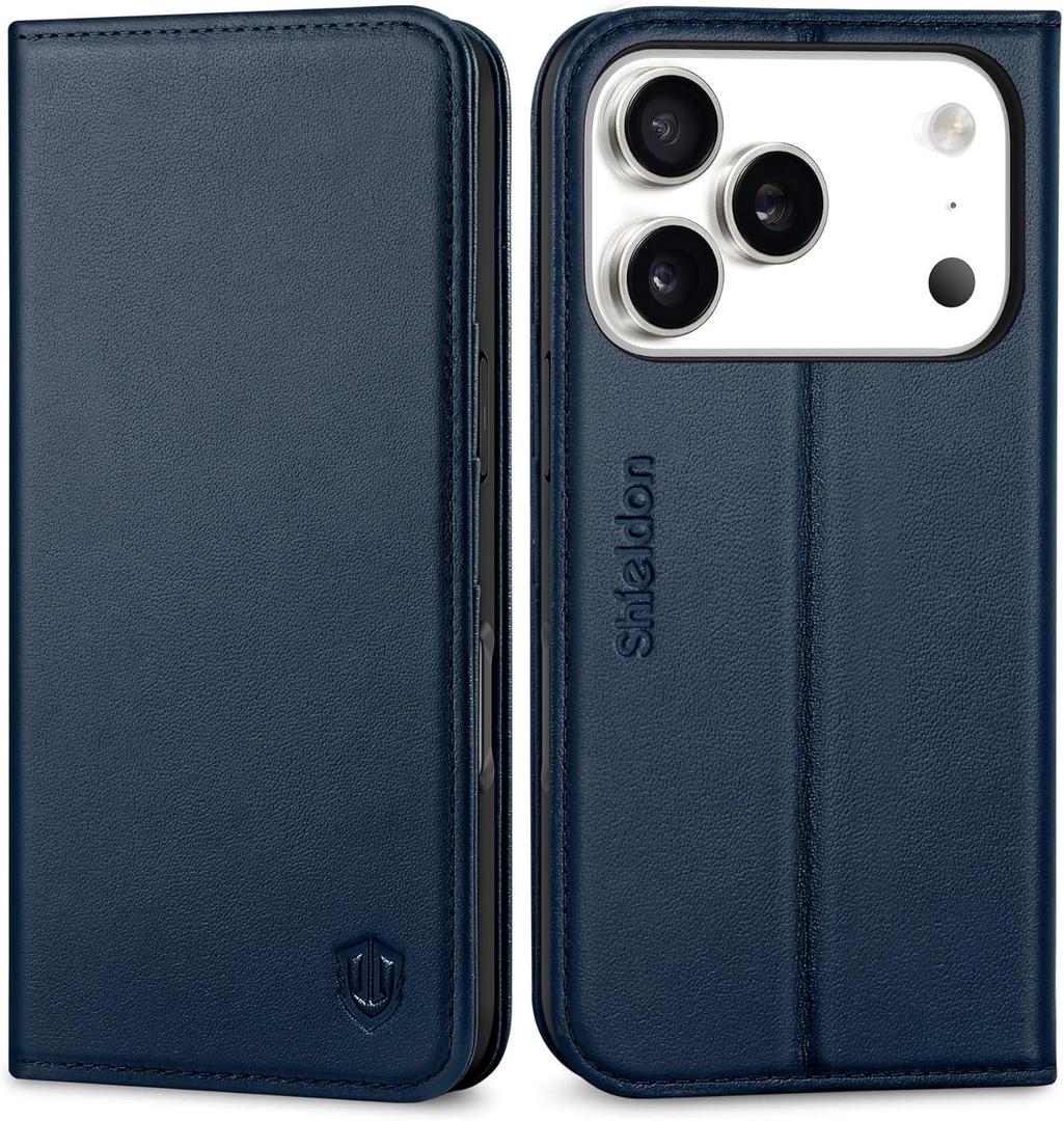 SHIELDON Case Wallet for iPhone 17 Pro 6.3-inch | Genuine Leather | RFID Blocking Credit Card Holder | Magnetic Closure | Folio | Kickstand | TPU Soft Full Protective Cover 2025 | Navy Blue
