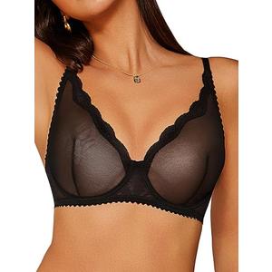 zossav Sexy Bras for Women Mesh Sheer Bralette Lace Trim See Through Unpadded Bra 32B Black