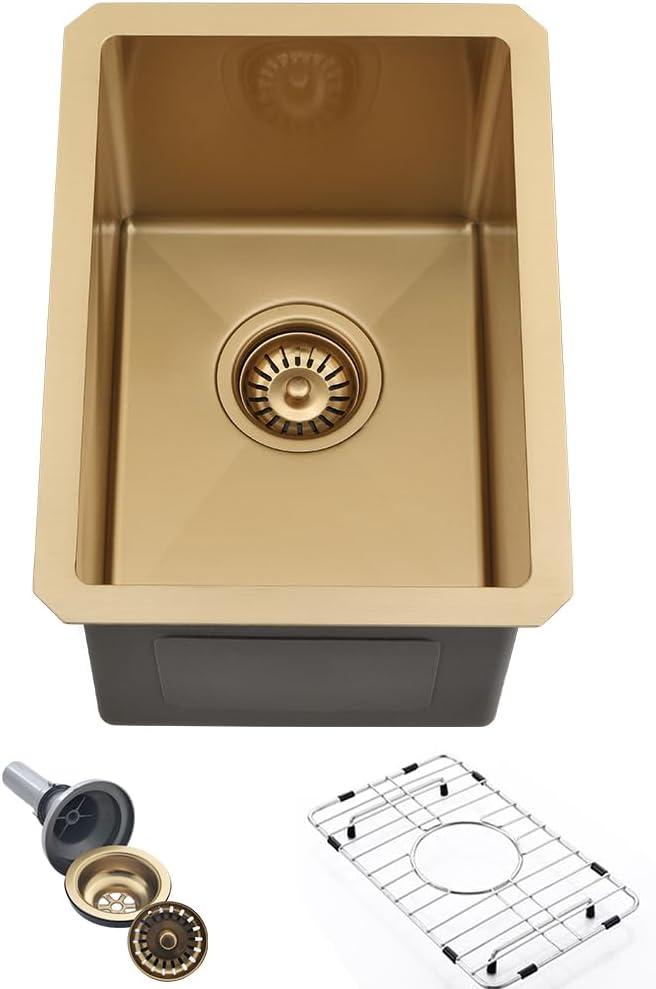 Gold Bar Sink Undermount-Hovheir 12x16 Small Kitchen Sink Undermount Wet Bar Sinks 16 Gauge Brushed Gold Stainless Steel Outdoor Rv Sinks Deep Single Bowl Camper Basin with Bottom Grid, 12"x16"x10"