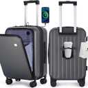BISON DENIM 20 Inch Carry On Luggage, PC Lightweight Hardside Expandable Carry-On Luggage Airline Approved With Spinner Wheels, Front Compartment, Cup Holde, TSA-approved Lock, USB Port, Dark Grey