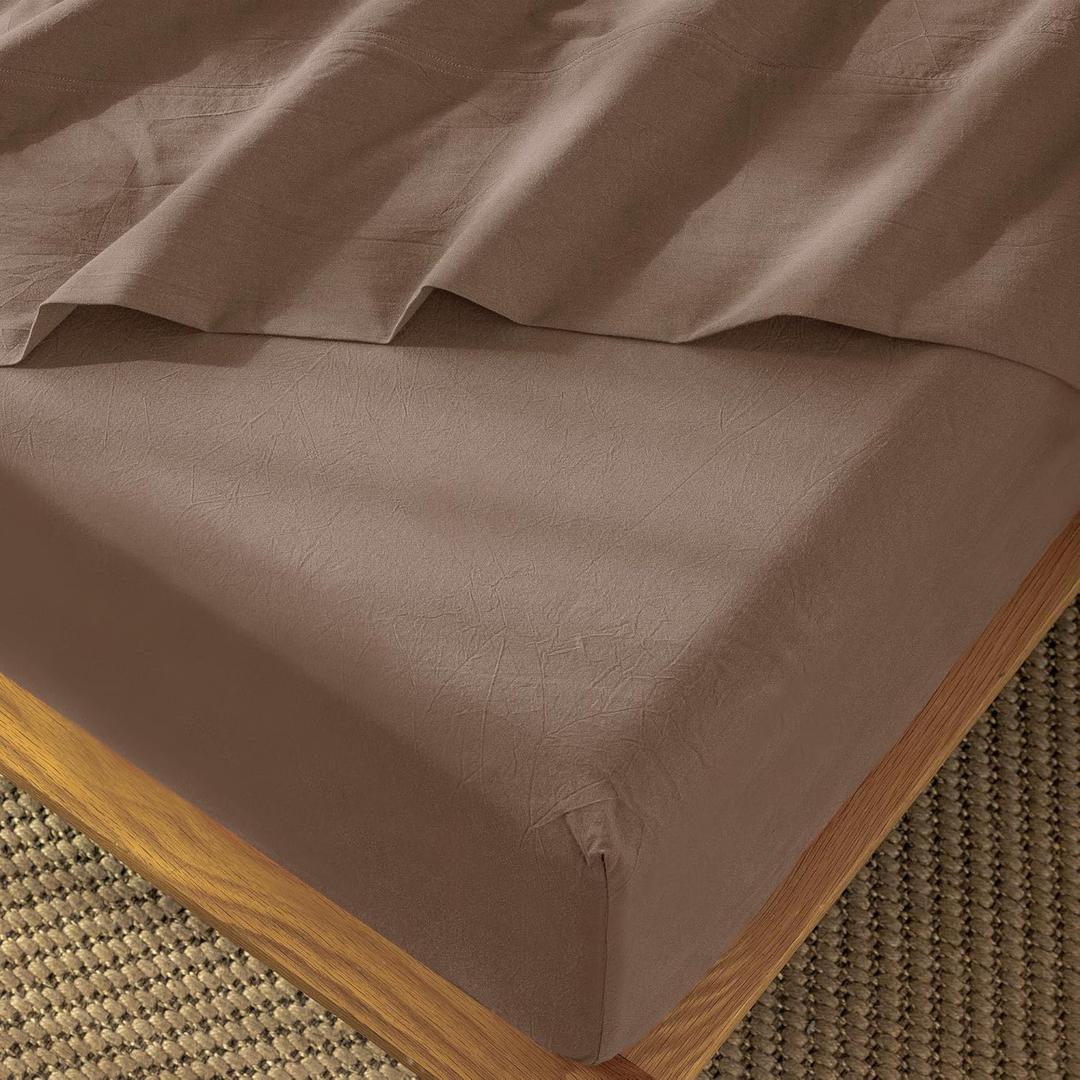 MooMee Fitted Bottom Sheet Only 100% Washed Cotton Linen Like Textured Breathable Durable Soft Comfy Deep Pocket Fits Mattress up to 17" (Brown, Queen)