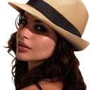 DRESHOW Women Straw Panama Hat Travel Fedora Beach Sun Hat Summer Wide Brim Straw Roll up Hats UPF 50+ (Ab Khaki G)