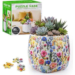 3D Puzzles Planter, 96 Unique Flower Vase Puzzle Pieces for Adults Round Puzzle Plant Pot with Drainage for Indoor Plants, Succulents, and Cactus, Pen Holder (Luxuriant Flowers)