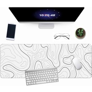 White Minimalist Topographic Map Mouse Pad - Contour Extended Large Stitch Edge Mousepad Black & White Non-Slip Gaming Desk Mat 31.5x11.8inch