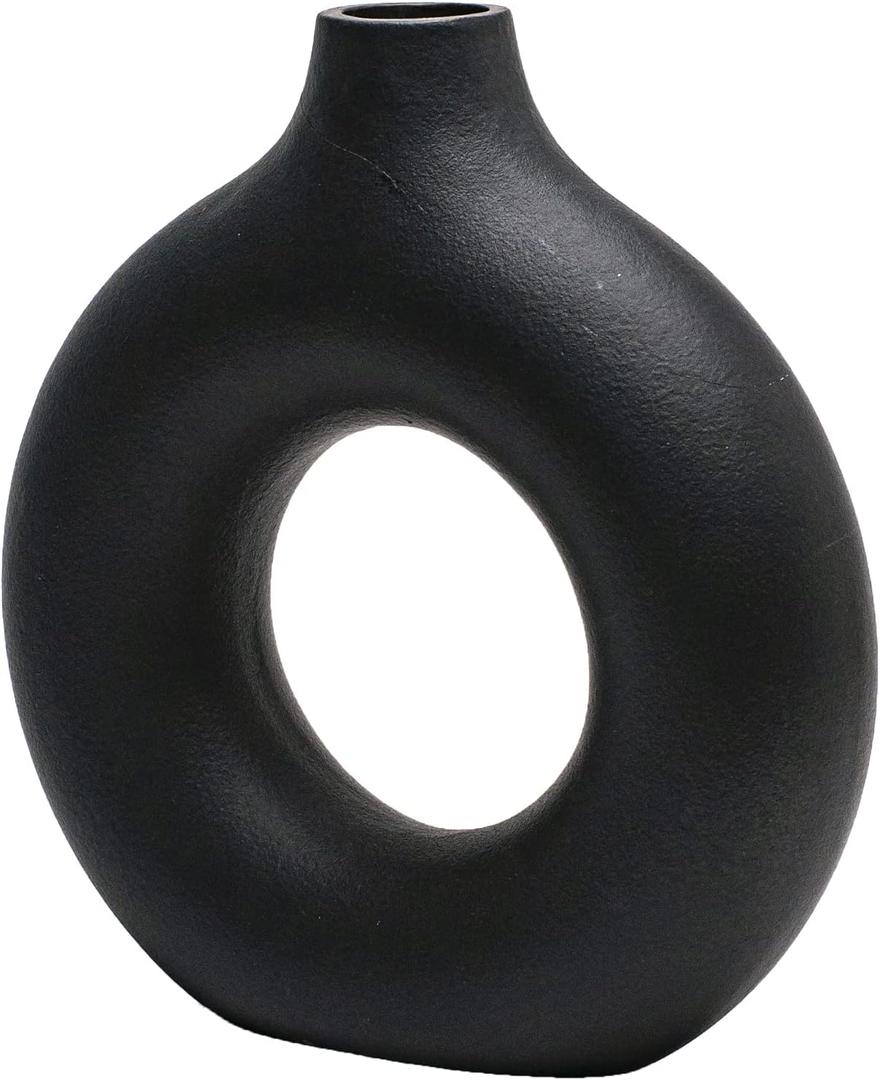 CEMABT Black Donut Vase Hollow Ceramic Vase for Flowers Handmade Minimalist Boho ins Style Modern Home Decor for Wedding Dinner Table Party Living Room Office Bedroom (Small (1-Piece))