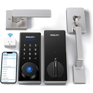 Philips Wi-Fi Smart Lock with Handle, Keyless Entry Keypad Door Lock with Handle, Front Door Deadbolt Set with WiFi Gateway, App Control, Fingerprint Unlock, PIN Code Unlock, Auto Locking (Nickel)