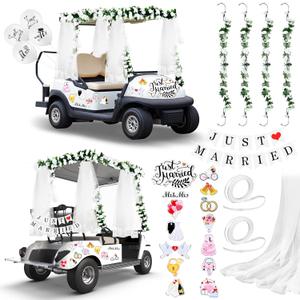 Wedding Golf Cart Decorations 1 Just Married Sign Banner 4 Rose Garland 14 Assorted Ornate Car Magnets 19.7ft Draping Fabric 4 Mr and Mrs Just Married Balloons for Bridal Shower Honeymoon Photo Props