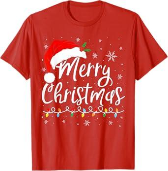 Merry Christmas Lights Santa Hat Xmas Family Matching Pajama T-Shirt L
