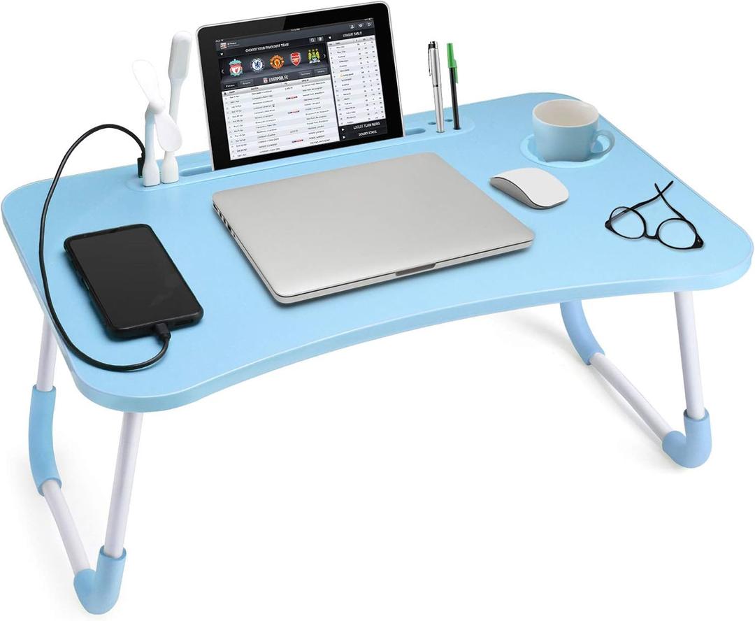 Slendor Lap Desk with Cup Holder, Foldable Laptop Table for Bed, Portable Bed Desk for Laptop and Writing, Computer Tray with Tablet Slot, Notebook Stand Reading Holder for Couch Sofa Floor, Blue