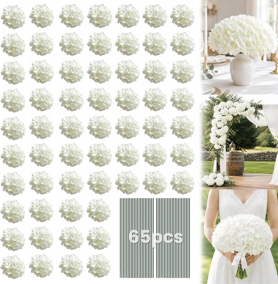 White Hydrangea Artificial Flowers Bulk, 65Pcs Faux Hydrangea Flowers, Silk Hydrangea Flowers with Detachable Stems for Wedding Centerpieces, Home Decor and Party Decorations