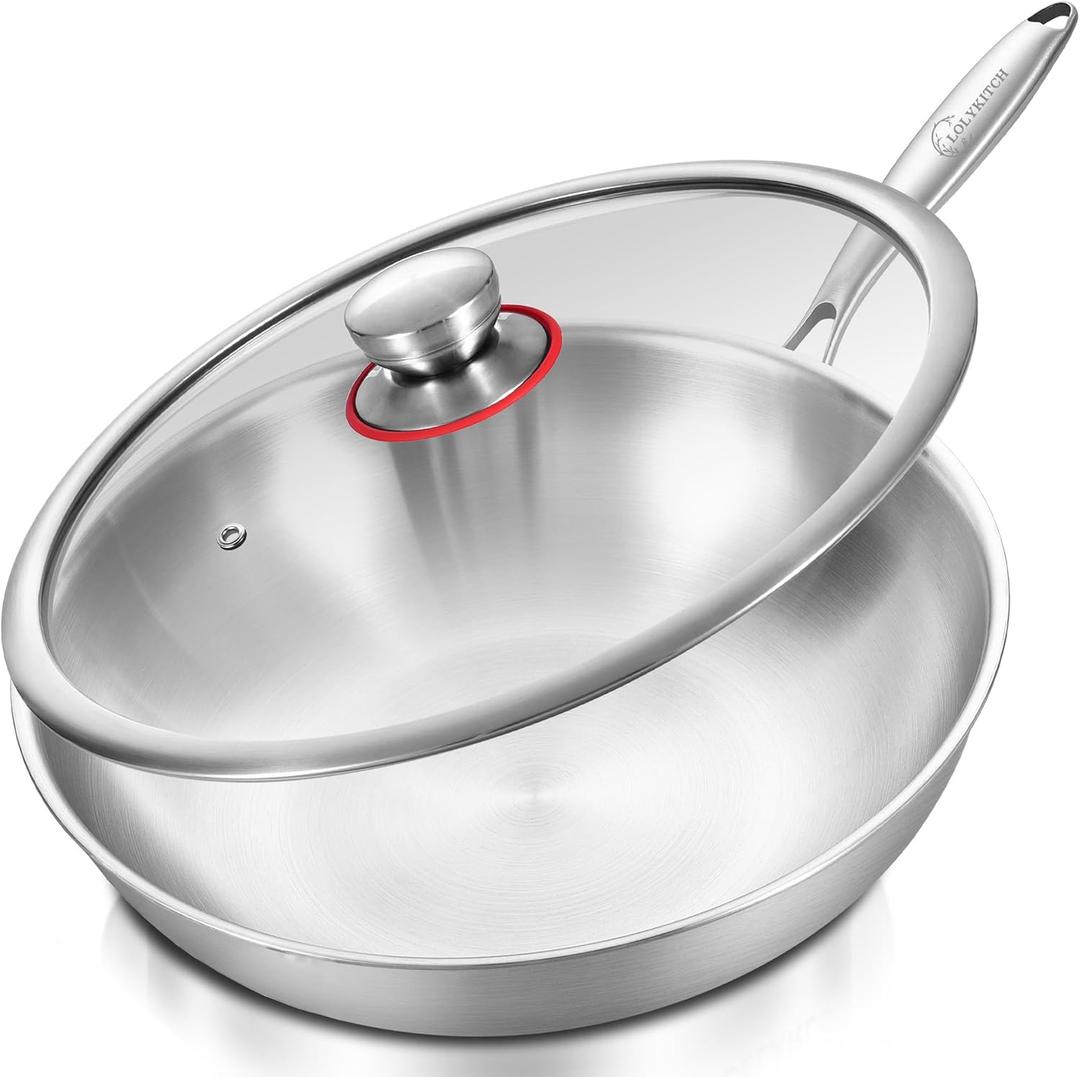 LOLYKITCH Tri-Ply 13 Inch Stainless Steel Wok Pan with Lid, Stir-Frying Pan, Induction Wok, Dishwasher and Oven Safe, Heavy Duty and Detachable handle.
