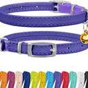 CollarDirect Leather Cat Collar with Bell - Kitten Collar, Small and Big Cat Collar for Boy Cats, Girl Cats with Safety Elastic Strap (Neck Fit 6"-7", Purple)