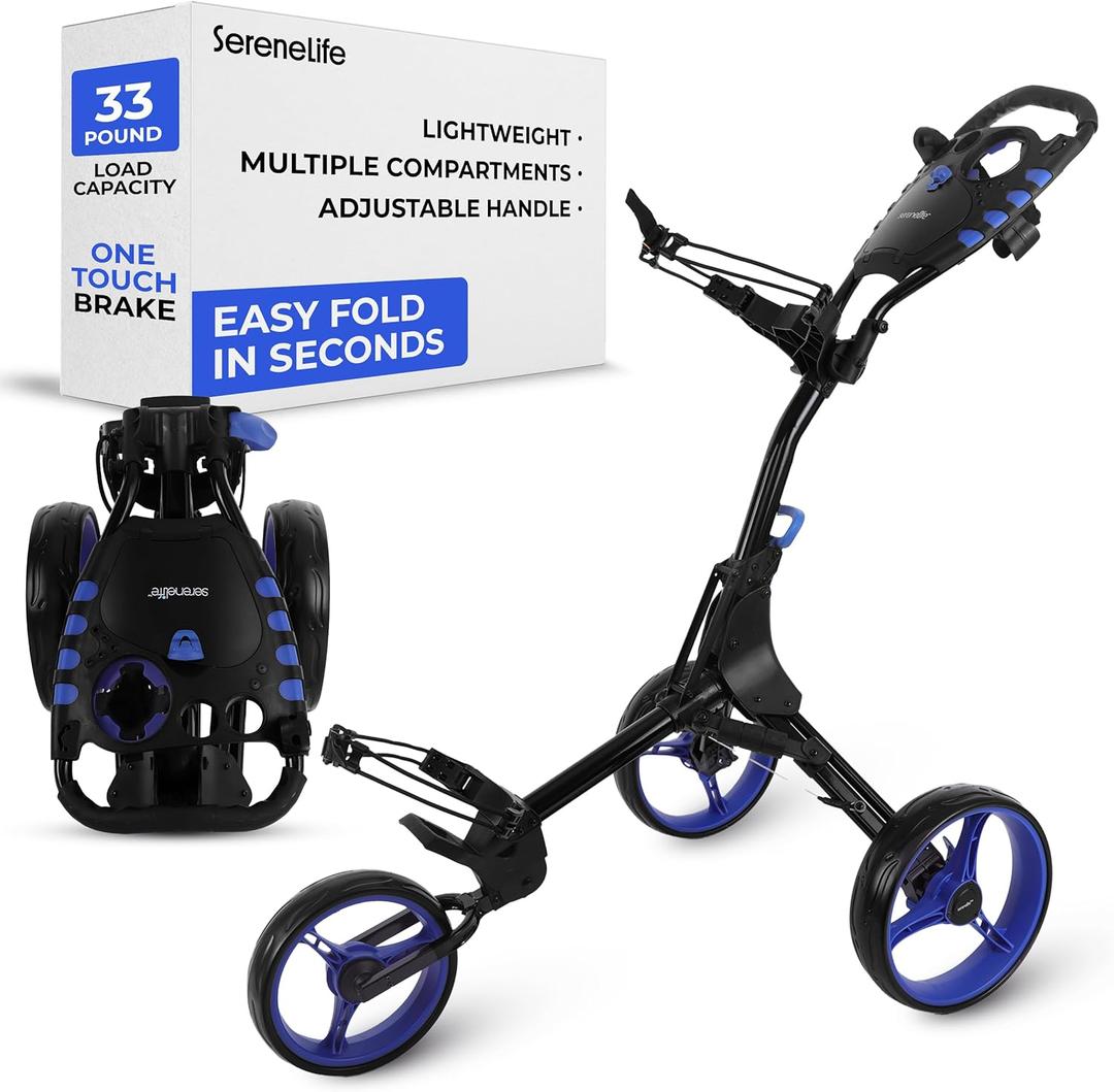 SereneLife Golf Push Pull Cart Lightweight, Foldable, Bag Holder with Adjustable Handle, Compact Folding Golf Trolley for Travel