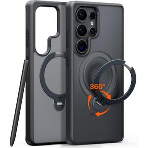 TORRAS 360 Spin Magnetic Stand for Samsung Galaxy S25 Ultra Case, Fit for Magsafe, Military Grade Slim Protective S25 Ultra Case with Kickstand & Ring Holder, Ostand Spin, Translucent Frosted Black