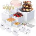 Buffet Risers 6 PCS Food Service Display Risers White Acrylic Risers Set - Nesting Display Stands for Buffet Tables, Wedding & Party Food Display, with Mini Signs & Markers (3"x4"x5"x6"x7"x8" )