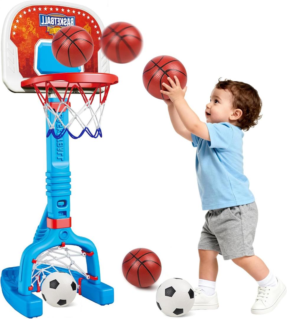 LPFG Toddler Basketball Hoop Indoor, Adjustable Kids Basketball Hoop and Soccer Goal for Ages 1-3 3-5, Portable Mini Basketball Hoop Set with 4 Balls for Boys Girls Child Indoor Outdoor Poolside