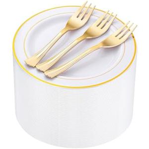 WELLIFE 120 PCS Plastic Dessert Plates and 120 PCS Forks, 6.3 inch Disposable Salad Plate, Premium White Appetizer Plates with Gold Rims Perfect for Parties, Weddings