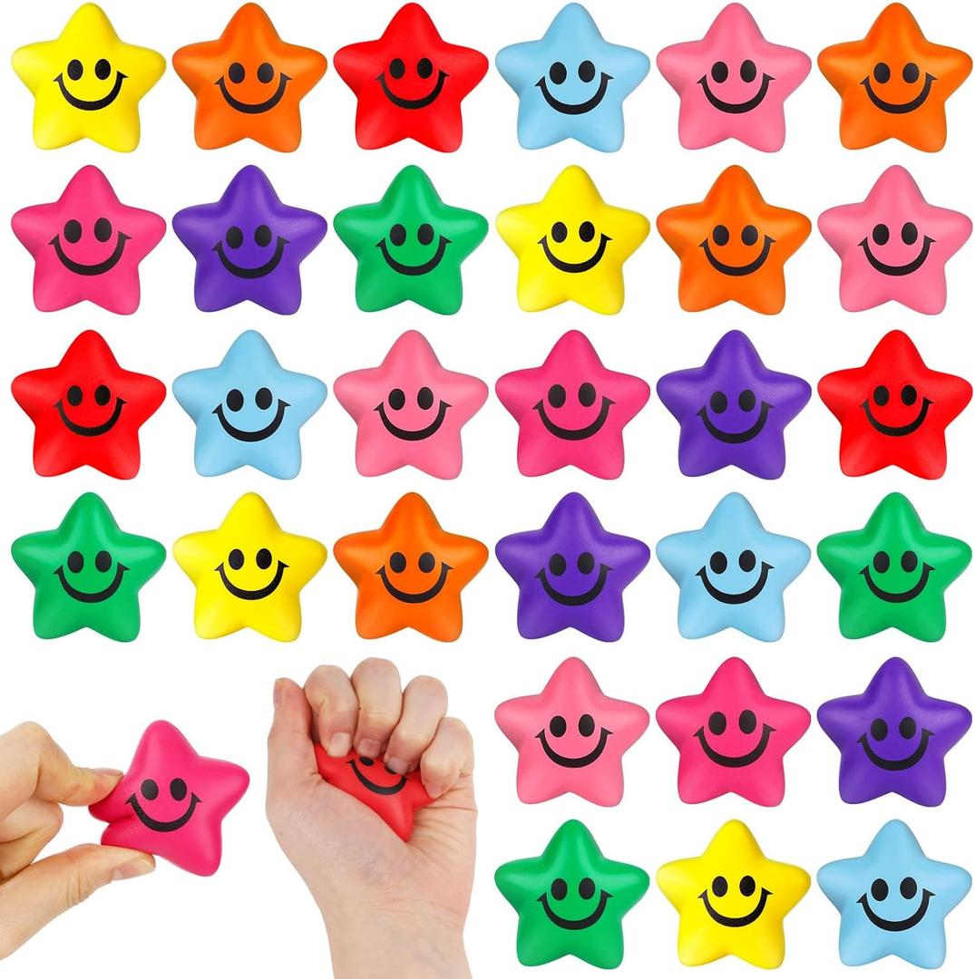 MCPINKY 32PCS Stress Balls Star Shape, 2inch Squeeze Toys Colorful Foam Smile Face Stress Balls for Kids Classroom Prizes Sensory Fidget Toys