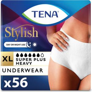 TENA Stylish White Incontinence Underwear for Women, Super Plus Heavy Absorbency, Adult Diapers, X-Large (Waist Sizes 48in-64in), 56 Count (4 packs of 14)