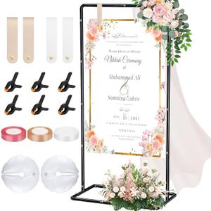 Wedding Welcome Sign Stand, Adjustable Welcome to our Wedding Sign Holder with Leather Sign Hanging Straps, Black Easel Stand for Wedding Reception Entrance Welcome Sign Poster Seating Chart Board Display